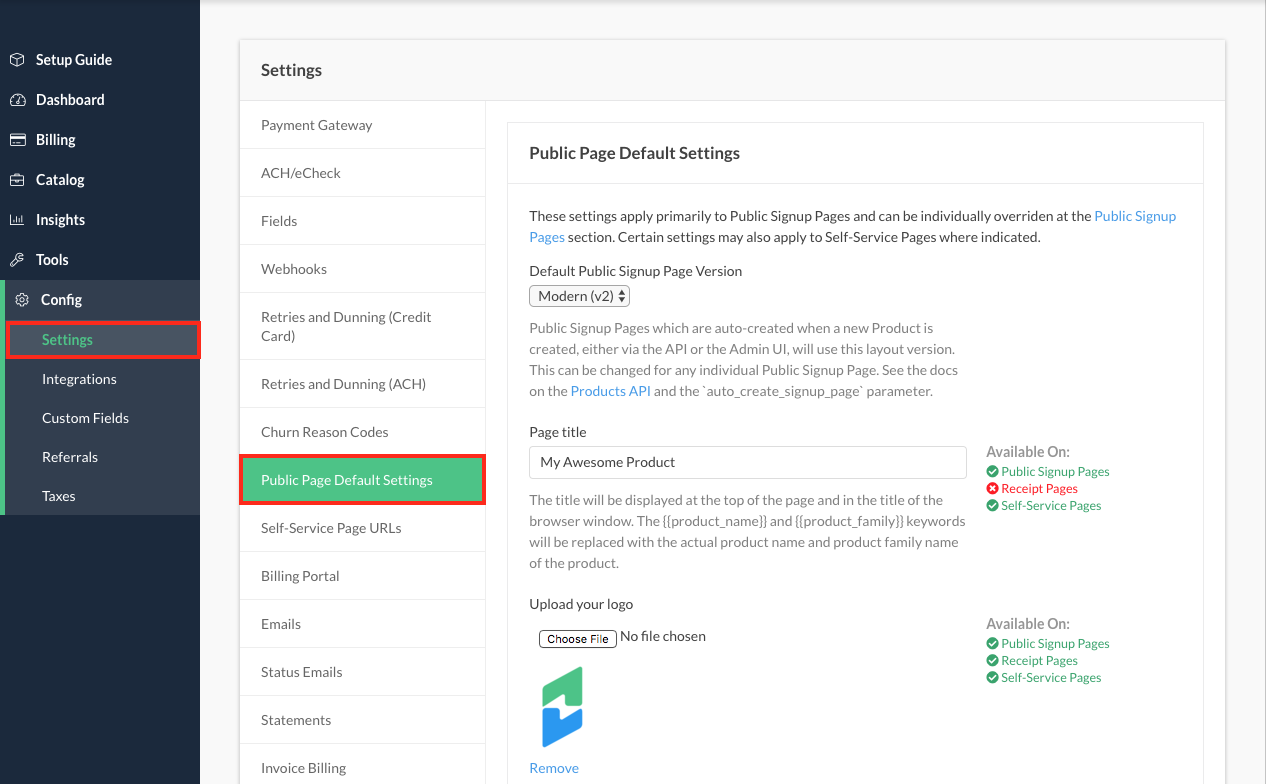 settings page